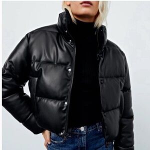 Zara cropped faux leather puffer jacket
